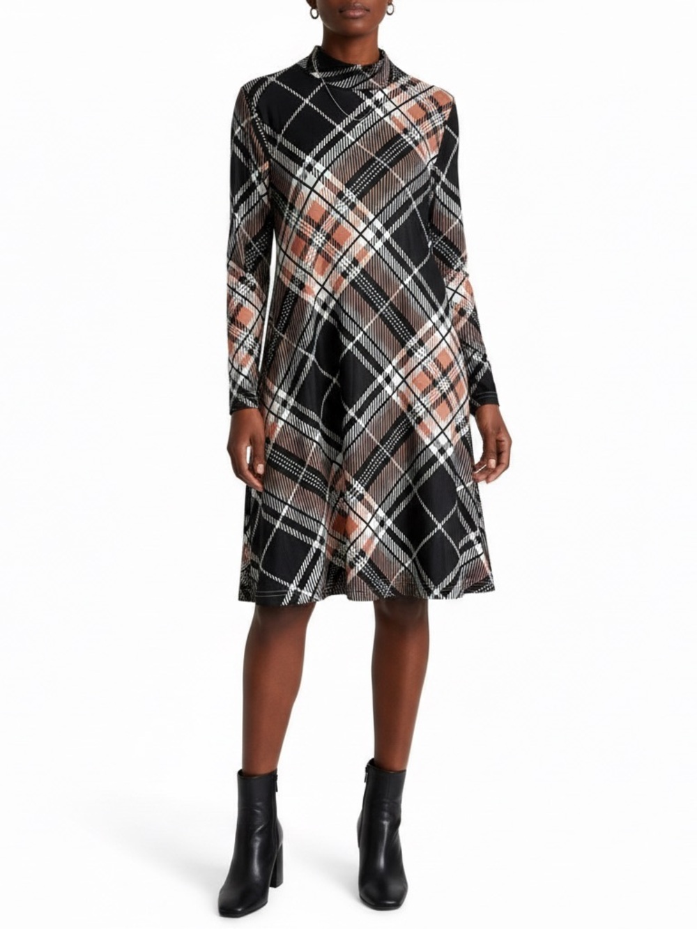 Plaid A-Line Long-Sleeve Dress in Black and Rust Orange